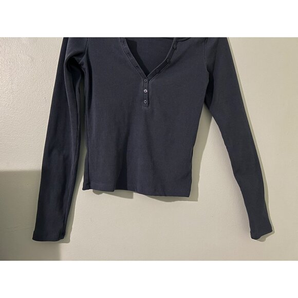 HOLLISTER Women’s Long Sleeve Henley Top Small Blue Ribbed Stretch Button Front - Picture 9 of 11